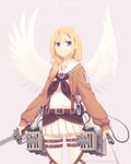  adapted_costume alternate_costume angel_wings artist_name blonde_hair christa_renz dav-19 emblem paradis_military_uniform pleated_skirt pullover purple_background school_uniform serafuku shingeki_no_kyojin short_hair simple_background skirt solo survey_corps_(emblem) thighhighs three-dimensional_maneuver_gear watermark web_address white_legwear wings 