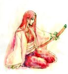  1014 1girl bleach japanese_clothes katana long_hair lowres red sitting solo sword unohana_retsu weapon 