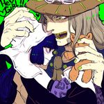  1girl bad_id bad_pixiv_id beard black_hair blue_hair facial_hair green_eyes grey_hair gyro_zeppeli hat hood jojo_no_kimyou_na_bouken long_hair nail_polish short_hair size_difference steel_ball_run stuffed_animal stuffed_toy sugar_mountain teddy_bear wavy_mouth zzz_z 