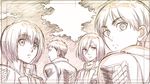  3boys armin_arlert colored_pencil_(medium) emblem empty_eyes eren_yeager hair_between_eyes jean_kirchstein looking_at_viewer looking_back mikasa_ackerman monochrome multiple_boys paradis_military_uniform parted_lips profile shingeki_no_kyojin sideways_glance survey_corps_(emblem) takeluuu traditional_media uniform 