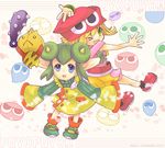  2girls :&lt; amitie_(puyopuyo) artist_name blonde_hair blue_eyes club copyright_name creature double_bun full_body green_eyes green_hair hat horns multiple_girls one_eye_closed onion_pixy oversized_clothes pointy_ears puyo_(puyopuyo) puyopuyo puyopuyo_fever rider_(puyopuyo) shinonome_moegi shoes short_hair shorts skirt sleeves_past_wrists smile spiked_club v weapon 