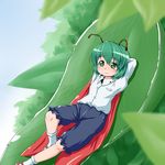  antennae arms_behind_head blue_sky blurry cape day depth_of_field dress_shirt green_eyes green_hair knee_up kneehighs leaf long_sleeves looking_away mary_janes reclining shirt shoes short_hair shorts sky smile solo touhou waribashi-p wriggle_nightbug 