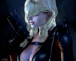  black_gloves blonde_hair bodysuit breasts center_opening cleavage gloves gun hair_over_eyes handgun large_breasts lipstick looking_away makeup rachael_foley resident_evil resident_evil_revelations scuba_gear weapon zipper 