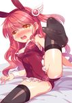  1girl animal_ears blush breasts bunny_ears cameltoe fake_animal_ears heart heart-shaped_pupils highres mvv nipples open_mouth orange_eyes original rancy red_hair spread_legs symbol-shaped_pupils thighhighs 