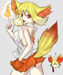  ? animal_ears ass blonde_hair chibi chibi_inset fang fennekin fire gen_6_pokemon hand_in_pocket highres lips looking_at_viewer looking_back nibirhu89 open_mouth personification pokemon pokemon_(game) pokemon_xy red_eyes solo sweatdrop tail 