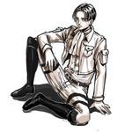  ascot boots jacket levi_(shingeki_no_kyojin) male_focus monochrome okada_(hoooojicha) paradis_military_uniform shingeki_no_kyojin sitting solo thigh_strap 