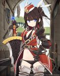  armor bikini black_bikini black_hair blue_eyes boots breasts coat garrison_cap gauntlets hat highres huge_weapon kamo_kamen long_hair midriff navel necktie original small_breasts solo swimsuit sword thigh_boots thighhighs two_side_up watermark weapon 