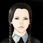  addams_family black_background black_hair braid brown_eyes face forehead justminor lips long_hair parted_lips portrait simple_background solo twin_braids wednesday_addams 