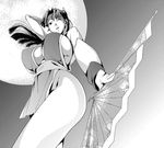  1girl breasts fan fatal_fury full_moon large_breasts miura_takehiro monochrome moon night ponytail shiranui_mai solo 