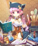 alchemy book bookmark breasts cleavage dress flask gloves hat highres long_hair medium_breasts mintchoco_(orange_shabette) open_book original pink_hair red_eyes scroll smile solo star test_tube thighhighs twintails 