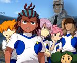  5boys beard brown_hair earth_eleven facial_hair formal glasses green_hair inazuma_eleven_(series) inazuma_eleven_go inazuma_eleven_go_galaxy kageyama_reiji kusaka_ryuuji long_hair manabe_jin'ichirou minaho_kazuto mizuhara_aki morimura_konoha multiple_boys multiple_girls necktie nozaki_sakura open_mouth pink_hair ponytail soccer_uniform sportswear suit sunglasses tetsukado_shin white_hair 