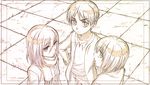  2boys armin_arlert casual colored_pencil_(medium) empty_eyes eren_yeager friends from_above hair_between_eyes looking_back mikasa_ackerman monochrome multiple_boys scarf shingeki_no_kyojin short_hair takeluuu traditional_media younger 