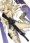  absurdres animal_ears assault_rifle bare_shoulders between_breasts blade_(galaxist) blonde_hair blue_eyes boots bra breasts camouflage camouflage_bra camouflage_panties cat_ears cat_tail choker cleavage combat_boots cross-laced_footwear digital_camouflage eotech gloves gun handgun highres holster long_hair lying m16a4 on_back open_mouth original panties pistol rifle scan small_breasts solo strap_slip tail thigh_holster thighhighs underwear underwear_only weapon 