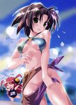  :3 =_= absurdres akatsuki_no_amaneka_to_aoi_kyojin amaneka_machbuster bikini blush breasts brown_hair chibi cleavage contrapposto convenient_censoring cowboy_shot eana_komet green_eyes highres komatsu_eiji looking_at_viewer medium_breasts midriff multicolored multicolored_sarong multiple_girls navel no_panties o-ring o-ring_bikini o-ring_top red_hair sarong school_uniform shiny shiny_skin standing stomach sweatdrop swimsuit tareme underboob wardrobe_malfunction 