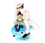  1girl blonde_hair child dolphin double_bun father_and_daughter hat jojo_no_kimyou_na_bouken jpmacca kuujou_jolyne kuujou_joutarou long_coat younger 