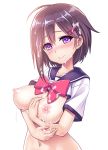  1girl black_hair breasts bukkake cum cum_in_mouth cum_on_body cum_on_breasts cum_on_upper_body highres large_breasts mikamin nipples original purple_eyes school_uniform serafuku short_hair smile 