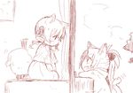  animal_ears blush cat_ears cat_tail chibi drill_hair eye_contact kemonomimi_mode long_hair looking_at_another mahou_shoujo_madoka_magica monochrome nori_senbei ponytail sakura_kyouko seiza sitting smile tail tomoe_mami 