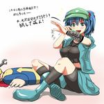  1girl bike_shorts blood blue_eyes blue_hair boots breasts crossover fallout hair_bobbles hair_ornament jacket kawashiro_nitori key large_breasts open_mouth pip_boy skirt smile touhou translated vault_boy vault_suit wrench yaruku 