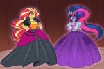  2018 ballroom_gown breasts cleavage clothed clothing crown dress equestria_girls equine eyewear female friendship_is_magic glasses gown horn magic mammal my_little_pony sunset_shimmer_(eg) tiara toughset twilight_sparkle_(mlp) unicorn 