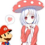  1girl apron bow facial_hair hat heart mario mario_(series) mushroom_girl mustache paper_mario personification red_eyes setona_(daice) short_hair speech_bubble super_mario_bros. sweatdrop white_hair 