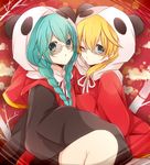  1girl bad_id bad_pixiv_id blonde_hair blue_eyes blue_hair braid chinese_clothes glasses hatsune_miku kagamine_len long_hair natsu_pu one_eye_closed panda_hat twin_braids vocaloid yie_ar_fan_club_(vocaloid) 