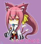  animal_ears bell blazblue bracelet candy cat_ears cat_tail character_name chibi food glasses highlighter_(pandora_box666) jewelry kokonoe lollipop long_hair multiple_tails navel pants pince-nez pink_hair ponytail red_pants solo tail yellow_eyes 