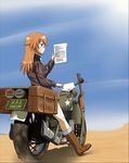  blue_eyes brown_hair charlotte_e_yeager envelope ground_vehicle gun holster kaneko_(novram58) long_hair map military military_vehicle motor_vehicle motorcycle paper rifle smile solo strike_witches weapon world_witches_series 