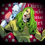  ab00 background_text bad_id bad_pixiv_id curly_hair dirty_deeds_done_dirt_cheap fabulous funny_valentine green_hair half-closed_eyes head_tilt jojo_no_kimyou_na_bouken letterboxed long_hair long_sleeves looking_at_viewer male_focus multiple_boys muscle open_mouth pose stand_(jojo) steel_ball_run taut_clothes vignetting 