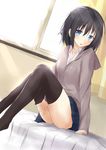  black_hair black_legwear blue_eyes curtains dress_shirt highres hood hood_down hooded_jacket jacket looking_back on_bed original saku_(kudrove) shirt sitting sitting_on_bed skirt skirt_set solo thighhighs window 