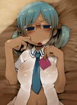  bespectacled blue_eyes blue_hair blush breasts condom covered_nipples glasses hair_cubes hair_ornament heavy_breathing large_breasts looking_at_viewer lying masha naganohara_mio navel necktie nichijou on_back open_clothes open_mouth open_shirt see-through shirt short_hair solo sweat twintails 