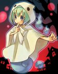  aqua_hair blue_eyes bow finger_to_mouth ghost ghost_tail hood numae_kaeru puyopuyo puyopuyo_fever short_hair solo yu-chan 