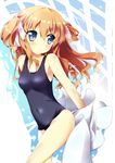  blue_eyes brown_hair fuuna highres long_hair one-piece_swimsuit original school_swimsuit solo swimsuit two_side_up 