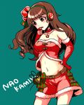  bad_id bad_pixiv_id bell blush breasts brown_hair character_name choker cleavage collarbone drill_hair earmuffs elbow_gloves gloves green_background groin idolmaster idolmaster_cinderella_girls kamiya_nao long_hair medium_breasts navel open_mouth red_eyes shorts solo star yuura 