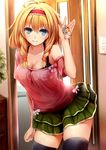  alice_margatroid alternate_hairstyle bare_shoulders black_legwear blonde_hair blue_eyes blush breasts casual cleavage contemporary hairband kero_(tomoki-tiger) key keychain medium_breasts shanghai_doll short_hair skirt smile solo thighhighs touhou zettai_ryouiki 