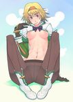  bad_id blonde_hair boots breasts cassandra_alexandra crotch_seam detached_sleeves error g-room_honten gloves green_eyes lips medium_breasts nipples nude panties panties_under_pantyhose pantyhose pigeon-toed shirtless solo soulcalibur spread_legs underwear 