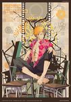  abs bad_id bad_pixiv_id bakemonogatari blonde_hair desk floral_print hawaiian_shirt monogatari_(series) open_clothes open_shirt oshino_meme school_desk shirt short_hair shorts spiked_hair yadokugaeru 