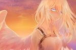  angel_wings backlighting blonde_hair blue_eyes christa_renz feathered_wings floating_hair hair_over_one_eye parted_lips saharan shingeki_no_kyojin short_hair solo sunset wings 