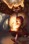  annie_hastur bag bear blonde_hair fire forest gd_choco green_eyes highres hood league_of_legends nature short_hair skirt tibbers tree 