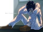  bad_id bad_pixiv_id bandages black_hair blue_eyes bob_cut bruno_buccellati hair_ornament hairclip italian jojo_no_kimyou_na_bouken maguro_(ma-glo) male_focus open_mouth sitting smile solo zipper 