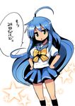  azuse_neko blue_hair green_eyes izumi_konata long_hair lucky_star mole mole_under_eye ryouou_school_uniform school_uniform serafuku translation_request triangle_mouth yellow_neckwear 