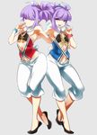  antenna_hair arm_around_back bare_shoulders bracelet capri_pants flats fur_collar hair_ornament hair_stick jewelry multiple_boys naso4 navel original otoko_no_ko pants purple_eyes purple_hair simple_background unbuttoned 