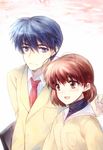  1girl :d arms_at_sides bangs blazer blue_eyes blue_hair blush breasts brown_eyes brown_hair carrying_under_arm clannad closed_mouth collared_shirt furukawa_nagisa hair_ornament hairclip hara_takehito hetero jacket long_sleeves looking_at_another necktie okazaki_tomoya open_mouth outstretched_hand red_neckwear shirt short_hair side-by-side small_breasts smile sweatdrop turtleneck upper_body 