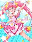  1girl :d ahoge armpits arms_up bangs blue_background blunt_bangs choker cure_star dress hoshina_hikaru long_hair magical_girl one_eye_closed open_mouth petticoat pink_dress pink_eyes pink_hair pink_legwear pink_neckwear planet_hair_ornament precure single_thighhigh smile solo star star_choker star_twinkle_precure thighhighs tj-type1 translation_request twintails wrist_cuffs 