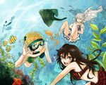  2girls alice_(pandora_hearts) bad_id bad_pixiv_id barefoot bikini blonde_hair brown_hair diving diving_mask diving_mask_on_eyes fish freediving green_eyes long_hair multiple_girls ocean oz_vessalius pandora_hearts purple_eyes short_hair snorkel stingray swimming swimsuit underwater water white_hair will_of_the_abyss 