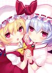  :o blonde_hair blue_hair blush flandre_scarlet hat hat_ribbon holding_hands interlocked_fingers minamura_haruki multiple_girls red_eyes remilia_scarlet ribbon short_hair simple_background slit_pupils symmetrical_hand_pose touhou wings 