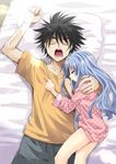  1girl black_hair blue_hair casual closed_eyes height_difference hug index kamijou_touma long_hair miyamoto_yuu no_pants open_mouth pajamas pillow short_hair sleeping sleepwear spiked_hair to_aru_majutsu_no_index 