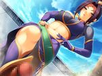  1girl blush boots breasts censored cloud covered_nipples erect_nipples footjob hair_bun hands_on_hips hips large_breasts legs looking_down lying midriff mole navel penis purple_eyes purple_hair shin_sangoku_musou short_hair skirt sky smile standing team-tanabe thighs zhen_ji 