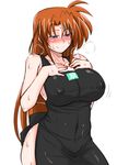  apron bare_shoulders blush breasts covered_nipples curvy highres large_breasts long_hair lyrical_nanoha mahou_shoujo_lyrical_nanoha_innocent mitsurugi_tsurugi naked_apron naughty_face purple_eyes red_hair solo sweat takamachi_momoko white_background 