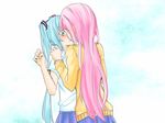  blush hatsune_miku kiss long_hair megurine_luka multiple_girls pink_hair sweater twintails vocaloid yuka_(mikuxluka) yuri 