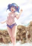  bare_legs blue_eyes blue_hair breasts covered_nipples day girly_pose hair_bobbles hair_ornament hat kawashiro_nitori medium_breasts open_mouth rock shirt short_hair short_shorts shorts sky solo t-shirt touhou two_side_up umarutsufuri water wet wet_clothes white_shirt 